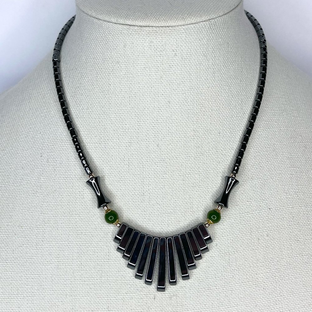 Genuine Hematite and Jade Fan/Bib Necklace